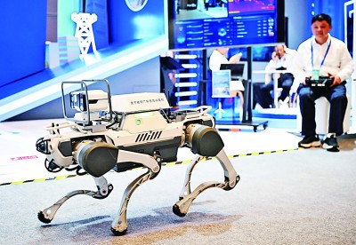  網(wǎng)絡(luò)安全博覽會上的企業(yè)展示電網(wǎng)巡線機(jī)器狗。新華社記者 鄧華攝